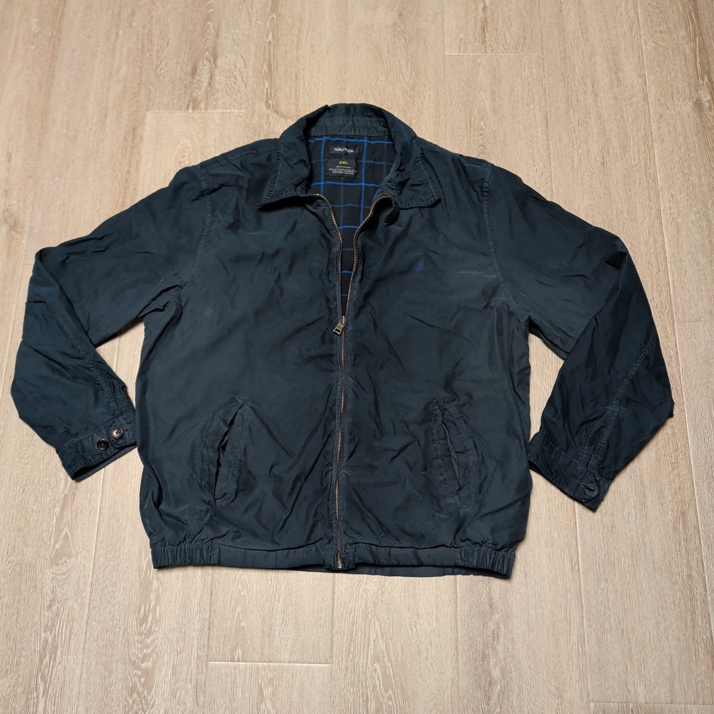 Vintage Nautica Navy Blue‎ Harrington Jacket Mens 2XL Plaid Lined Full Zip Light